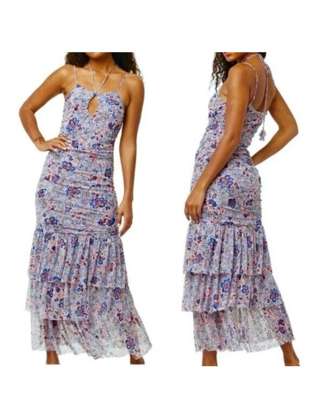 Misa Los Angeles Lavender Blue Floral Tiered Maxi Dress